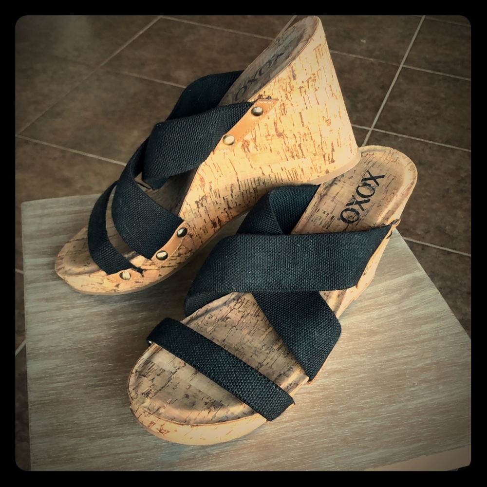XOXO Black Cork Wedges